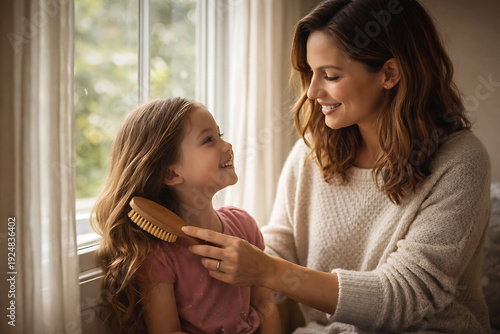 A tender moment of a mother brushing her daughter's hair with affection. The soft morning light bathes them in warmth