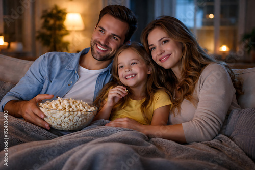 A happy family enjoying popcorn while watching television together on the couch in a cozy home environment. Smiling and relaxed, they create a heartwarming scene.