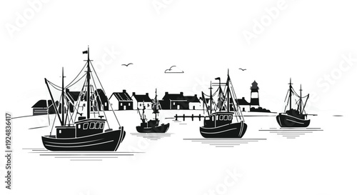 Fishing boats at anchor near a coastal village with lighthouse