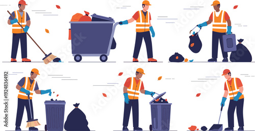 Garbage Collection Workers Cleaning City Streets and Managing Waste Recycling Vector Set