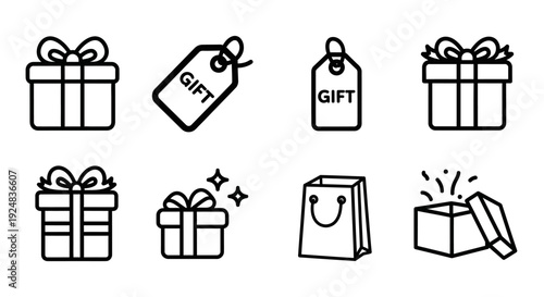 Gift Icons: Wrapped Boxes, Gift Tags, Shopping Bag, Open Surprise