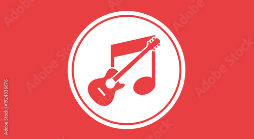 Guitar and Musical Note Icon on Red Background