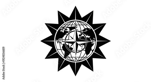 Global Navigation Compass Starburst Logo - World Map and Wind Rose