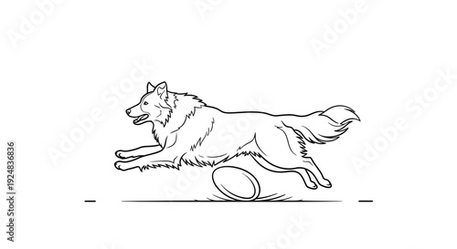 Active dog running and jumping to catch a frisbee in a park, line art illustration