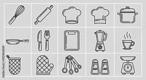 Kitchen Utensils and Appliances Icons Set - Cooking and Baking Graphics
