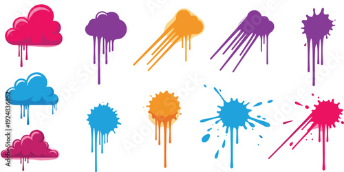 Colorful Paint Splashes and Dripping Ink Blots Set Isolated on White Background Vector
