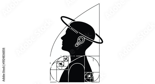 Silhouette of a human head with golden ratio grid and halo, representing intellect and creativity.