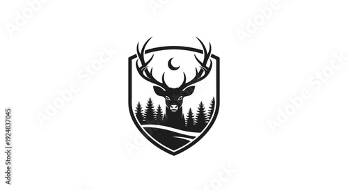 Majestic Stag Emblem with Forest and Moon: Vintage Badge Design