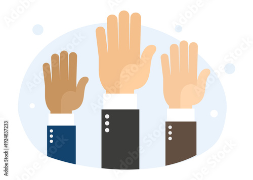 Diverse Hands Raised Voting Participation and Agreement stock illustration.