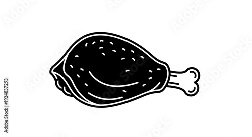 Black and White Icon of a Cooked Chicken Leg Drumstick, Simple Line Art Food Illustration