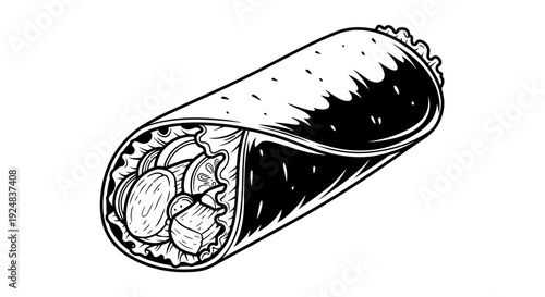 Black and White illustration of a delicious burrito filled with fresh ingredients, isolated on white background.