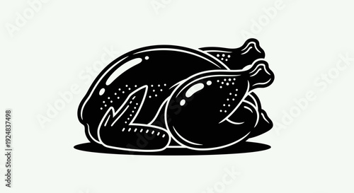 Black and White Illustration of a Roasted Whole Chicken, Isolated on White Background