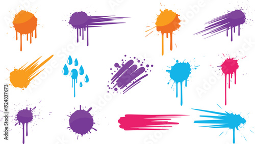 Abstract colorful paint splash and drip vector set with vibrant orange purple blue and pink ink blots for creative design projects
