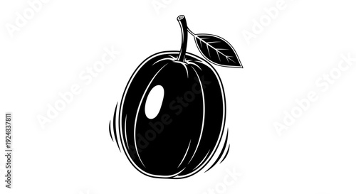 Black and White Plum Silhouette with Leaf and Stem - Vector Illustration