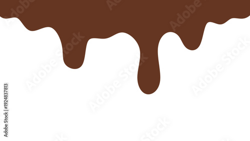 Melted chocolate or syrup drips isolated on a white background. Flowing liquid chocolate border element. A sweet brown syrup or sauce that melts and drips.