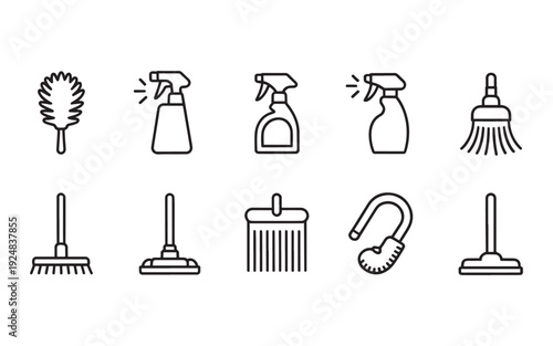 Essential House Cleaning Tools and Supplies Outline Icons