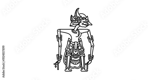 Traditional Indonesian Wayang Kulit Shadow Puppet Character, Outline Art