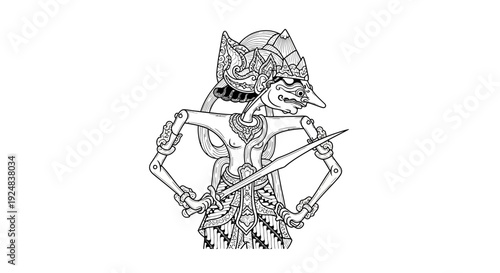Traditional Javanese Wayang Kulit Puppet Warrior with Sword, Black and White Line Art