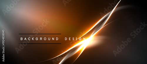 Abstract design features glowing lines, gradients. Dark background contrasts bright orange, silver elements. Modern aesthetic.