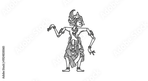 Traditional Javanese Wayang Kulit Puppet, Outline Drawing, Cultural Art