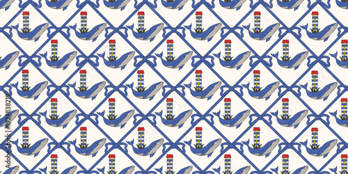 Coquette marine vector wallpaper design. Coquette blue Bow Ribbon Rhombus with whale and lighthouse. Summer seamless pattern. Perfect kids room wall trellis design. EPS 10