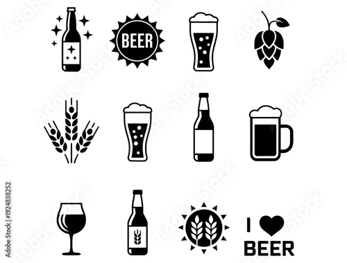 Beer Bottle and Mug Icon Set with Wheat and Hops Symbols for Pub and Brewery Branding Vector Illustration.