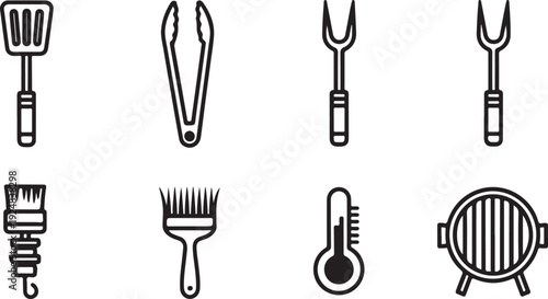 Assorted kitchen tools and utensils displayed in a row Vector