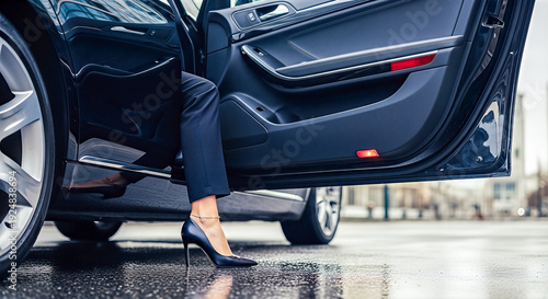 elegant businesswoman legs in high heel shoes stepping out of luxury black car onto wet street corporate travel arrival concept