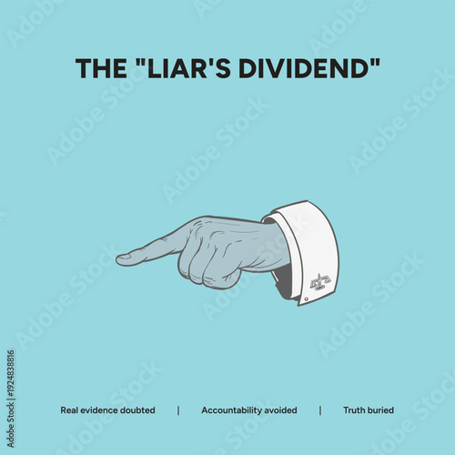 The 'liar's dividend' concept illustrated by a pointing hand, symbolizing real evidence doubted and accountability avoided.