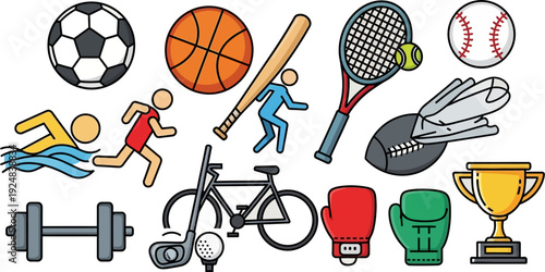 A vibrant collection of various sports equipment and activities, including balls, rackets, bats, and a shiny trophy.