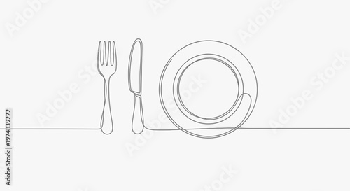 Minimalist single line drawing of fork, knife, and plate on white background