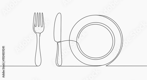 Minimalist single line drawing of fork, knife, and plate, representing dining and food.
