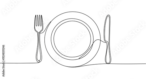 Minimalist Single Line Drawing of Place Setting: Plate, Fork, and Knife