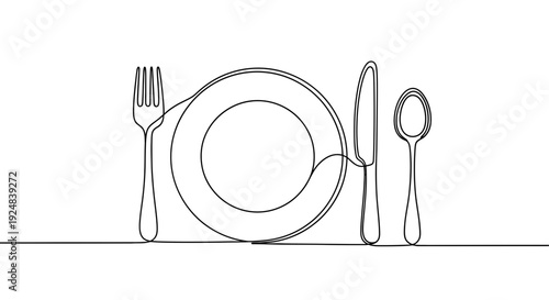 Minimalist Single Line Drawing of Place Setting: Plate, Fork, Knife, Spoon on White Background