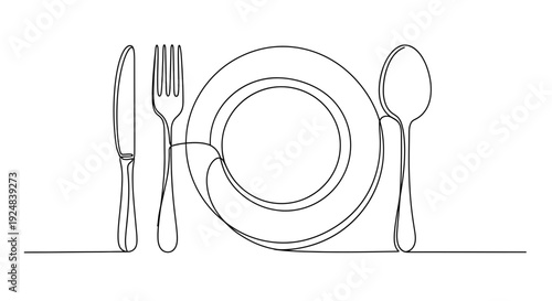 Minimalist Single Line Drawing of Place Setting: Plate, Fork, Knife, Spoon