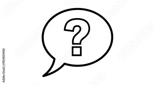 Simple black and white illustration of a question mark inside a speech bubble, symbolizing inquiry and thought, presented in a minimalist style