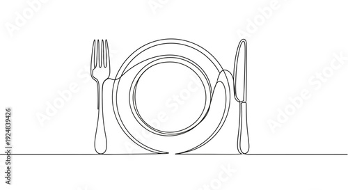 Minimalist Single Line Drawing: Plate, Fork, Knife - Elegant Dining Setup