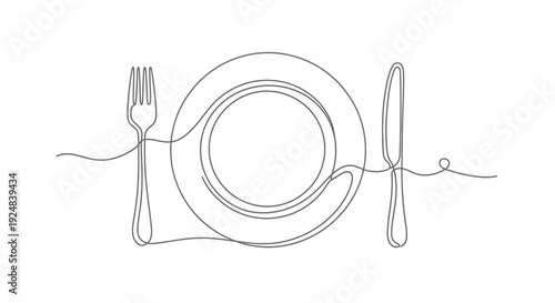 Minimalist Line Art: Plate, Fork, and Knife - Elegant Dining Setup