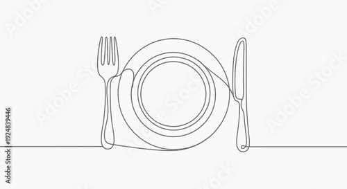 Minimalist Line Art: Plate, Fork, and Knife - Ready for a Meal