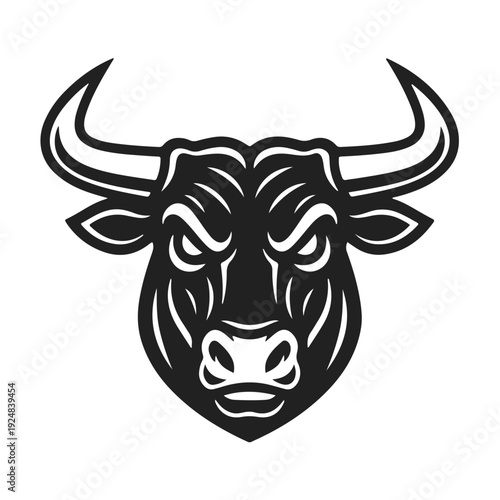 Powerful bull head. Angry bull, animal head, horn silhouette, farm animal. Minimalistic black and white vector illustration