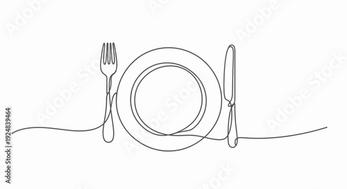 Minimalist Line Art: Plate, Fork, and Knife - Ready for a Meal