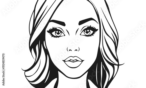 Beautiful female face line art. Beauty makeup, fashion model, young girl, facial features, minimalist style. Clean black and white vector sketch of a lady portrait