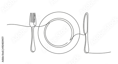 Minimalist Line Art: Plate, Fork, Knife - Simple Dining Setup