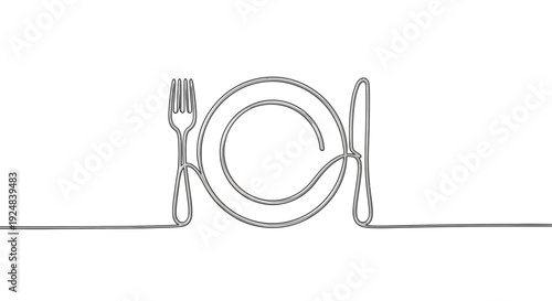 Minimalist Line Art: Plate, Fork, Knife - Elegant Dining and Food Concept
