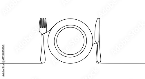 Minimalist single line drawing of a dinner plate with fork and knife, ready for a meal.