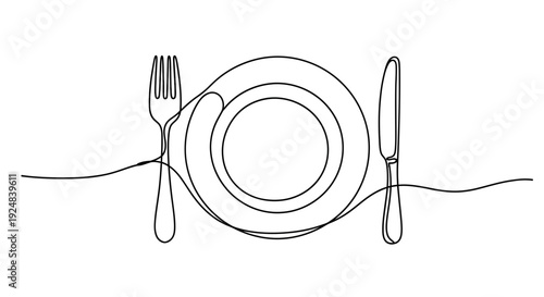 Minimalist single line drawing of a dinner plate with fork and knife, elegant table setting