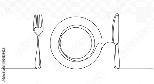 Minimalist single line drawing of a fork, plate, and knife, representing dining