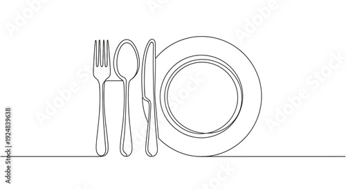 Minimalist Single Line Drawing of a Place Setting: Plate, Fork, Spoon, Knife