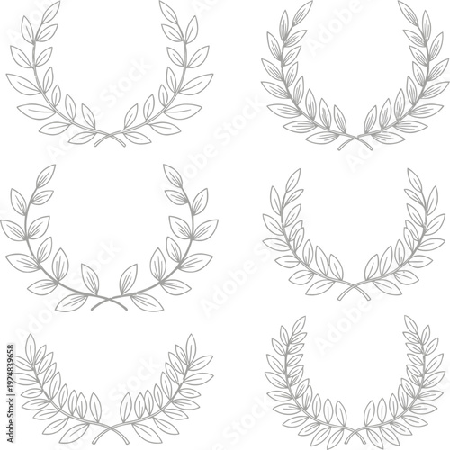 Laurel wreath vector set, hand drawn olive branch collection, victory award icons, trophy frame elements, botanical border