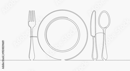 Minimalist single line drawing of a place setting with plate, fork, knife, and spoon on white background.